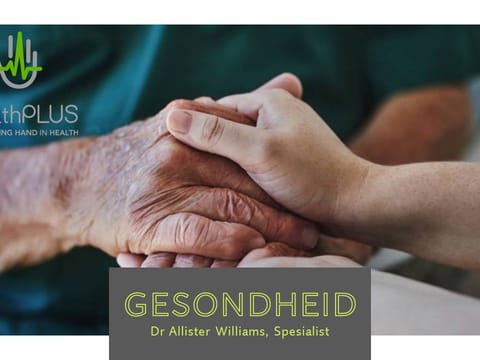 Dr Allister Williams, kidney specialist, shown as a clinician comforting a patient’s hand with HealthPLUS branding