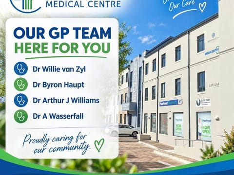 Winelands Medical Centre GP team poster listing Dr Willie van Zyl, Dr Byron Haupt, Dr Arthur J Williams, and Dr A Wasserfall in front of the Paarl building